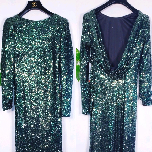 $895 NWT BADGLEY MISCHKA Emerald Green Maxi Long Gown 4 SMALL Sequin Long sleeve - Picture 5 of 10